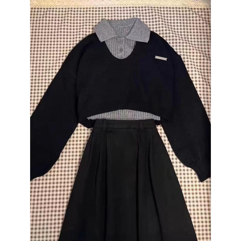 Womens Short Polo Neck Sweater 2 Piece Set Casual Knit Top Slim Waist Winter