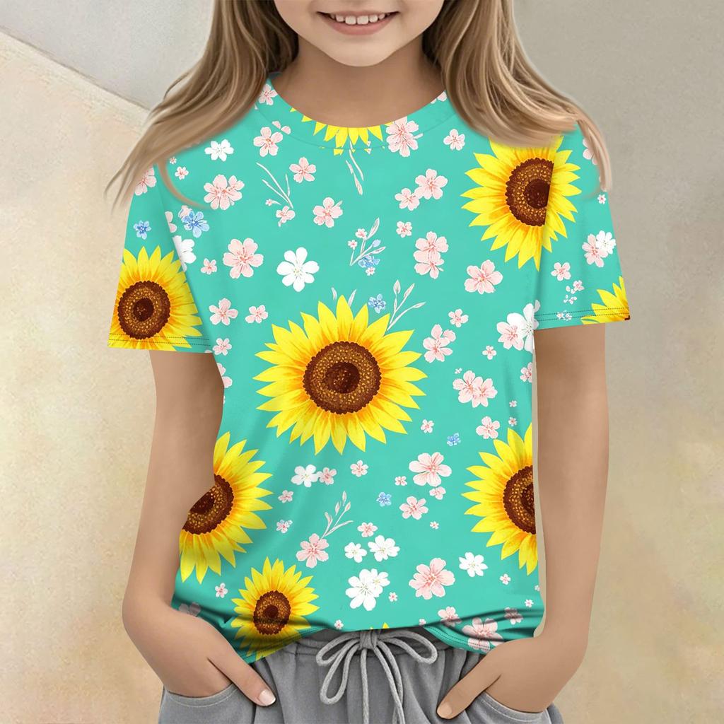 Girls Floral Print Short Sleeve T Shirt Casual Loose Fit Crew Neck Top Lightweight Comfortable Summer Tee for Kids