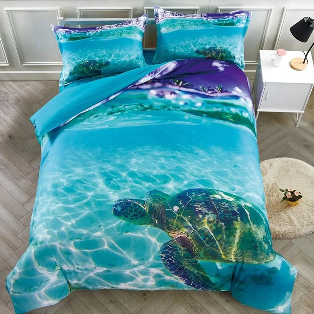 Sea Turtle Duvet Cover Set Full Size,octopus Seahorse Whale Bedding Set Teal Ocean Themed Mediterranean Style Beach Quilt Cover