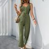 VEZFAA Women's Fashion Casual Summer Spring Solid Color Print Sleeveless V-Neck High Waist Trousers Jumpsuits & Rompers