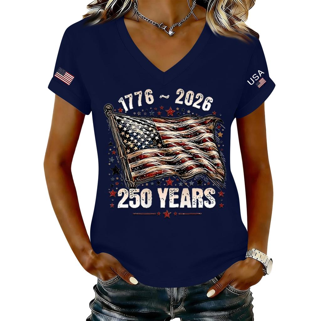 Modisches Damen-T-Shirt mit V-Ausschnitt, lässig, im Retro-Print, kurzärmelig