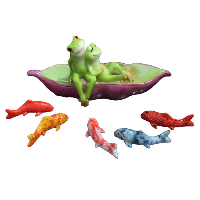 Couple Frog Resin Sitting On A Pea Boat And Vibrant Koi For Decor Balcony