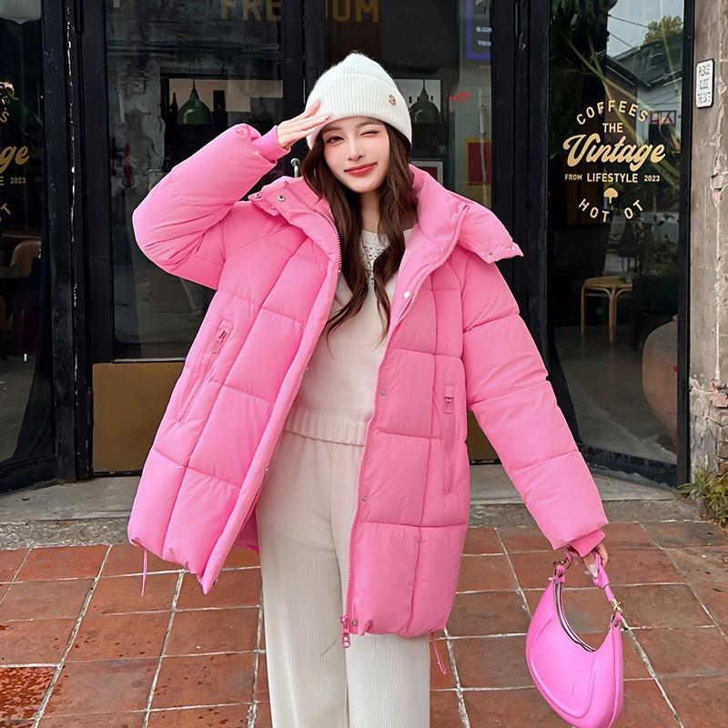 Womens Mid-Length Cotton Padded Coat With Hood Loose Fit Warm Winter Jacket In Solid Colors