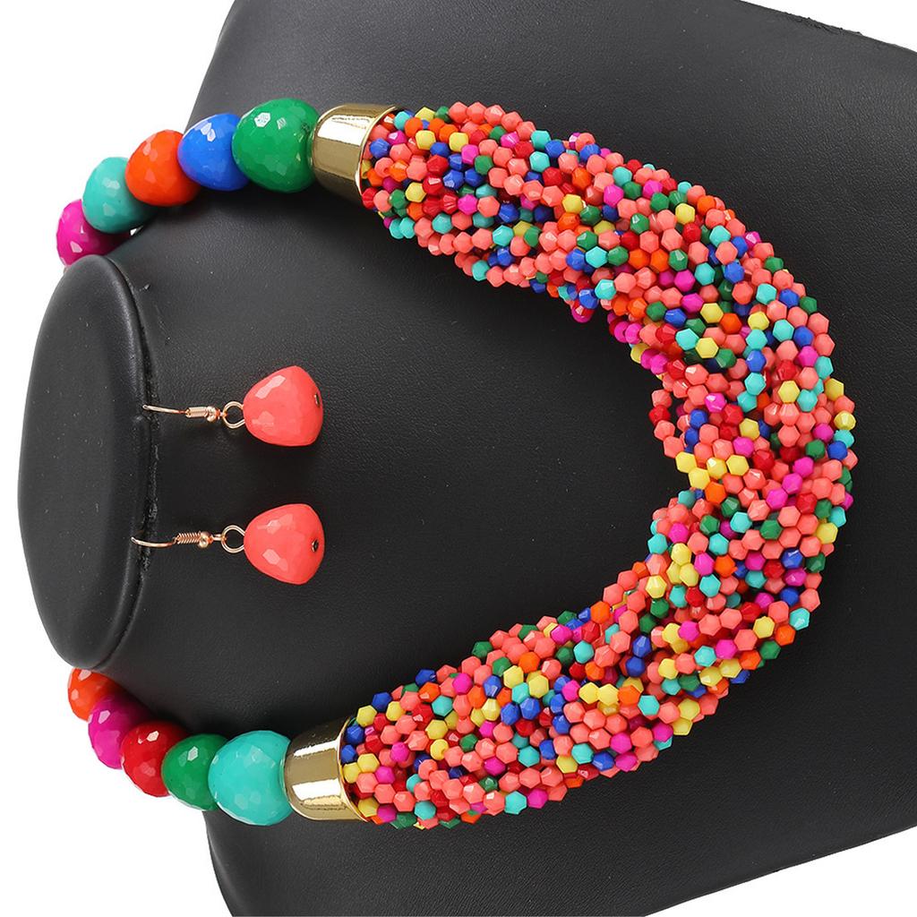 Bohemian Layer Beaded Necklace and Earrings Set Plastic Jewelry for Women Music Festival Beach Party Accessories