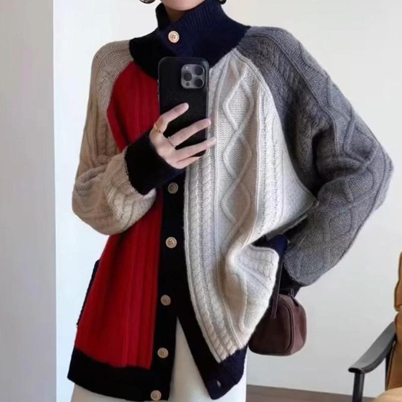 European Style Women's Color Block High Neck Wool Cardigan - Autumn/Winter Loose Fit Sweater Coat