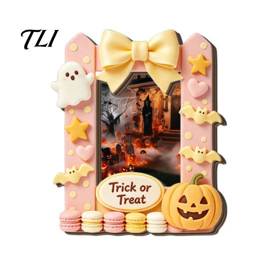 Picture Display Frames Halloween Photo Frame Refrigerator Magnet, Ghost Pumpkin Magnetic Holder Holder, Wooden Decorative for Holiday Party Kitchen