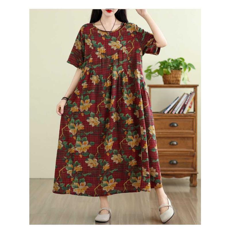 Summer Retro Cotton and Linen Round Neck Short Sleeved Dress, Women's Loose Skirt