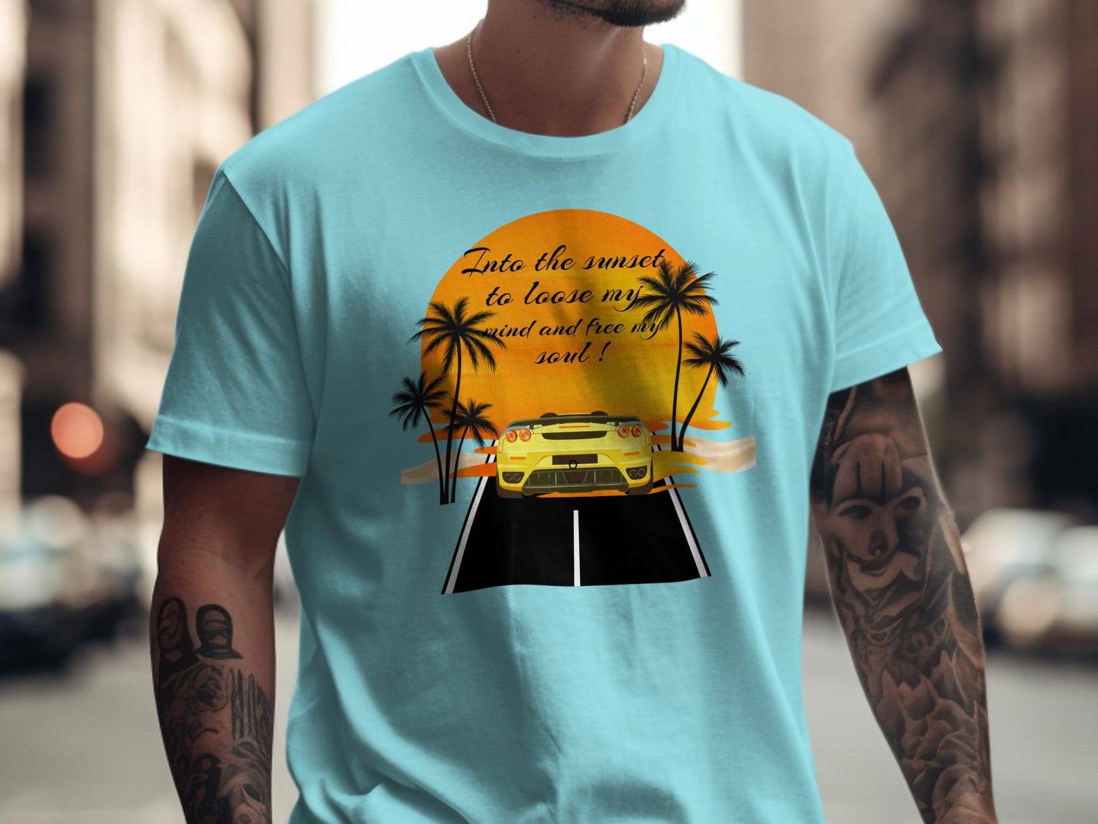 Sunset Cruise T-Shirt, Luxury Sports Car Graphic Tee, Retro Vacation Palm Tree Top 4XL