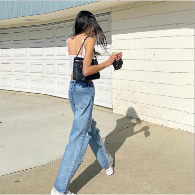 Jeans da Donna a Vita Alta Gamba Dritta Strappati, Pantaloni in Denim Sbiaditi con Effetto Usurato che Sollevano i Fianchi, Orlo Sfilacciato, Vintage, Larghi, Casual, Streetwear, Pantaloni Lunghi