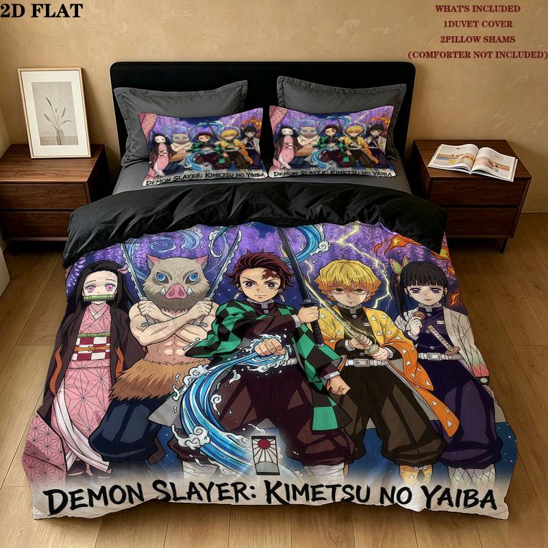 Set Copripiumino Trapuntato con Fantasia Demon Slayer Federa Cuscino Regalo di Compleanno per la Casa(1 * copripiumino + 2 * federa, senza nucleo)