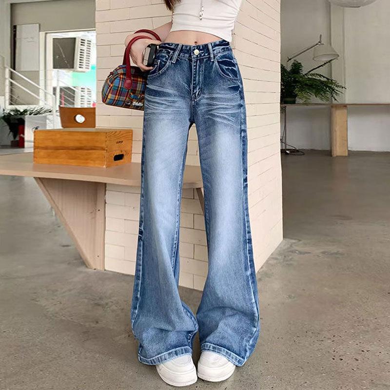 Plus Size High-Waisted Retro Creased Micro-Flare Wide-Leg Bell Bottom Jeans for Women