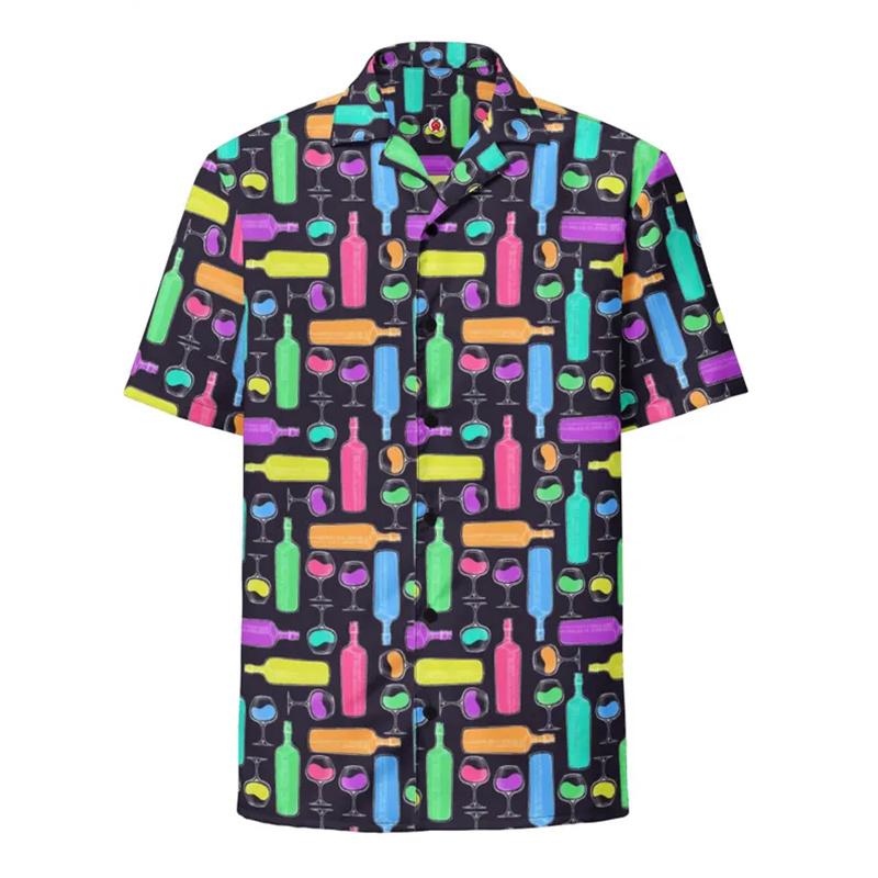 Wine Bottle Print Lapel Short Sleeve Men Shirt, Lightweight Loose Summer Casual Button Down Clothing
