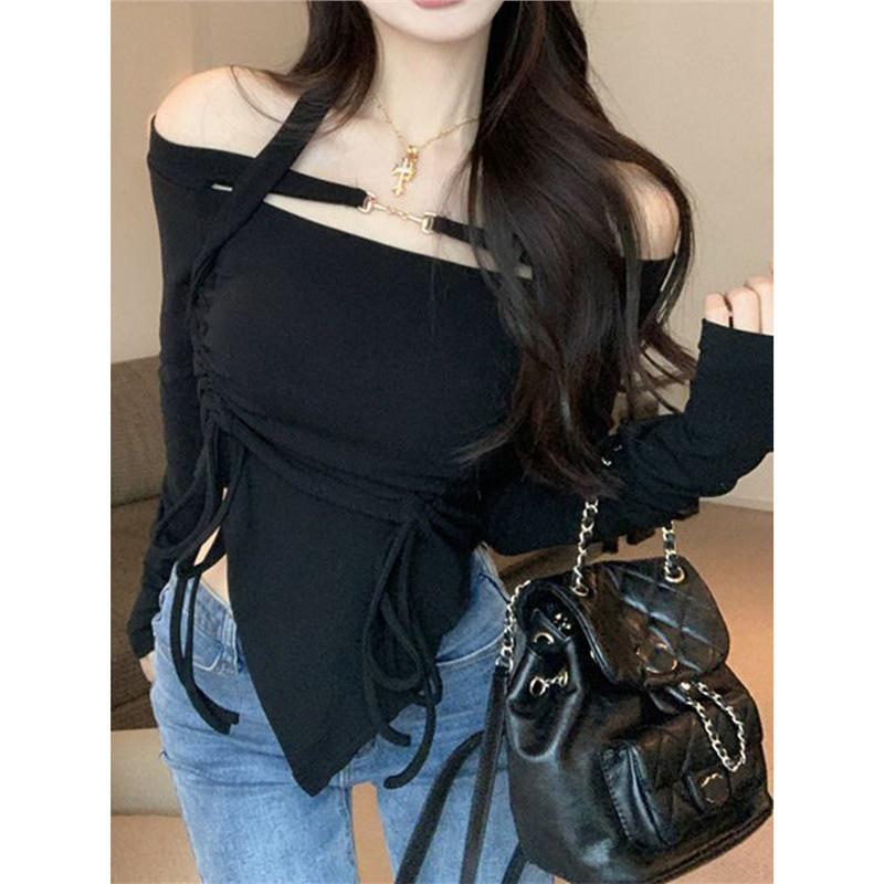 

Women s Pink One-Shoulder Halter T-shirt with Drawstring - Sweet & Spicy Spring/Autumn Top Medium чорний