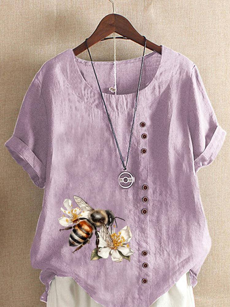 Women's Fashion Bee Flower Print Shot Sleeve T-shirt Loose Cotton Shirt Casual Loose Summer Blouse Tops Plus Size