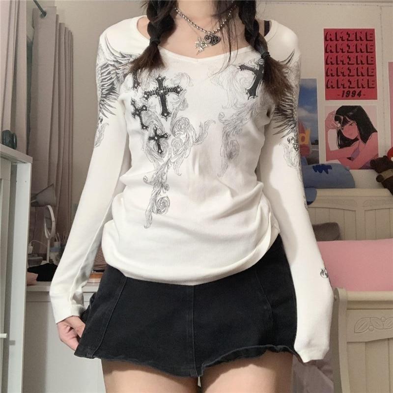 2KWEIRD 2000s Aesthetic T Shirt Graphic Cross Wings Print Long Sleeve Tops Y2k Women Clothes Fairycore Grunge Tee Streetwear