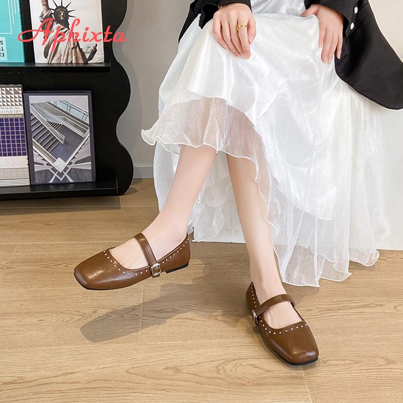Aphixta Elegant Metal Decoration Upper Women Flats Shoes Shallow Slip On Loafers Woman Brown Sweet Shoes Soft Sole Ladies Shoes