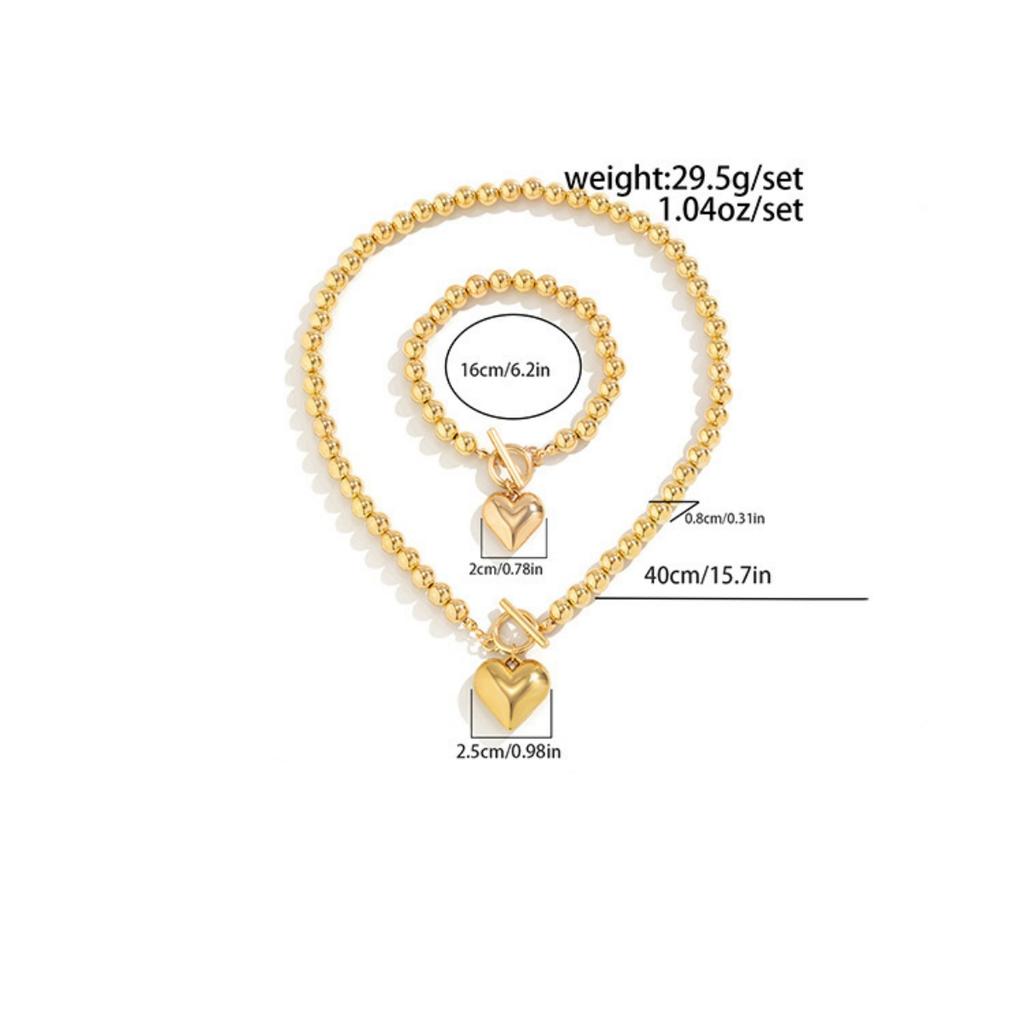 2Pcs Luxury Gold Color Beads Heart Pendant Necklace Bracelet for Women Punk Vintage OT Buckle Choker Wedding Party Zircon Set