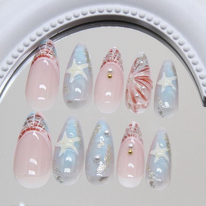 Medium and long almond nail three-dimensional starfish fine flash blue ocean braided French detachable nail art piece drill 24 pieces