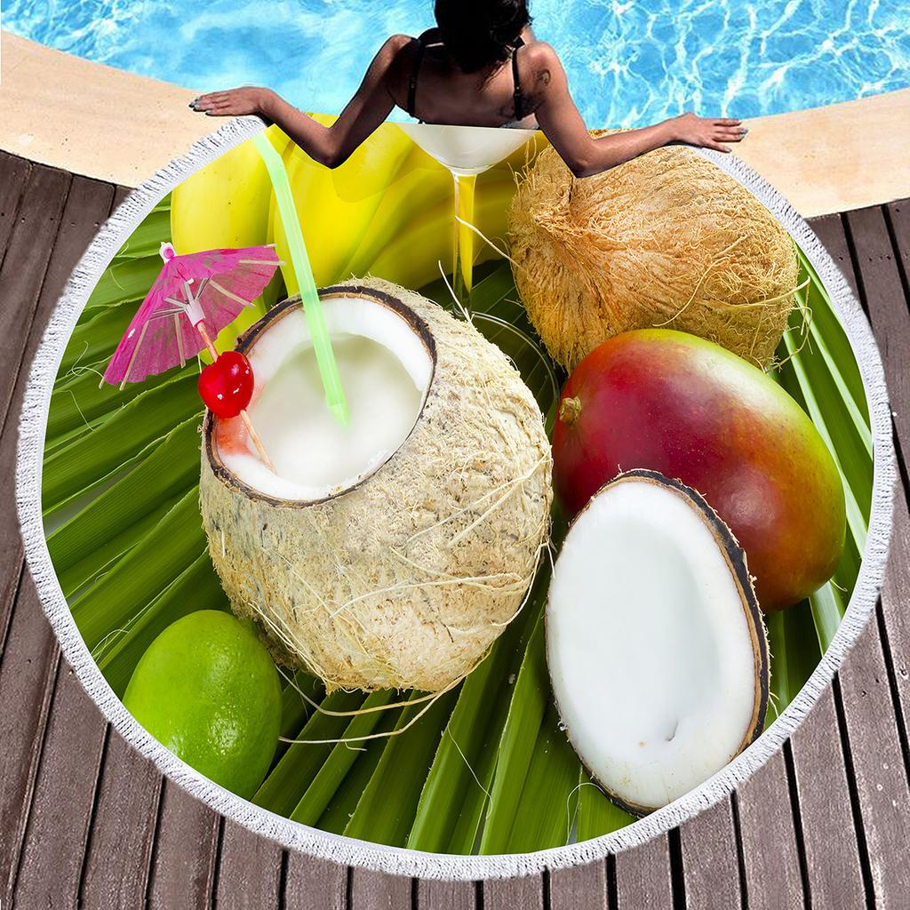 Tropical Fruit Coconut Print Round Beach Towel Microfiber Absorbent Circle Beach Blanket Hawaiian Yoga Mat Meditation Picnic Rug