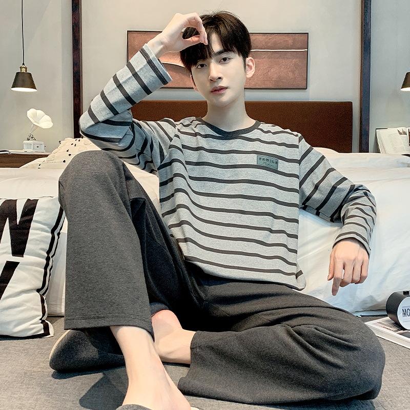 Men's Korean-Style Cotton Pajamas - Long Sleeve, Casual, Seasonal Homewear