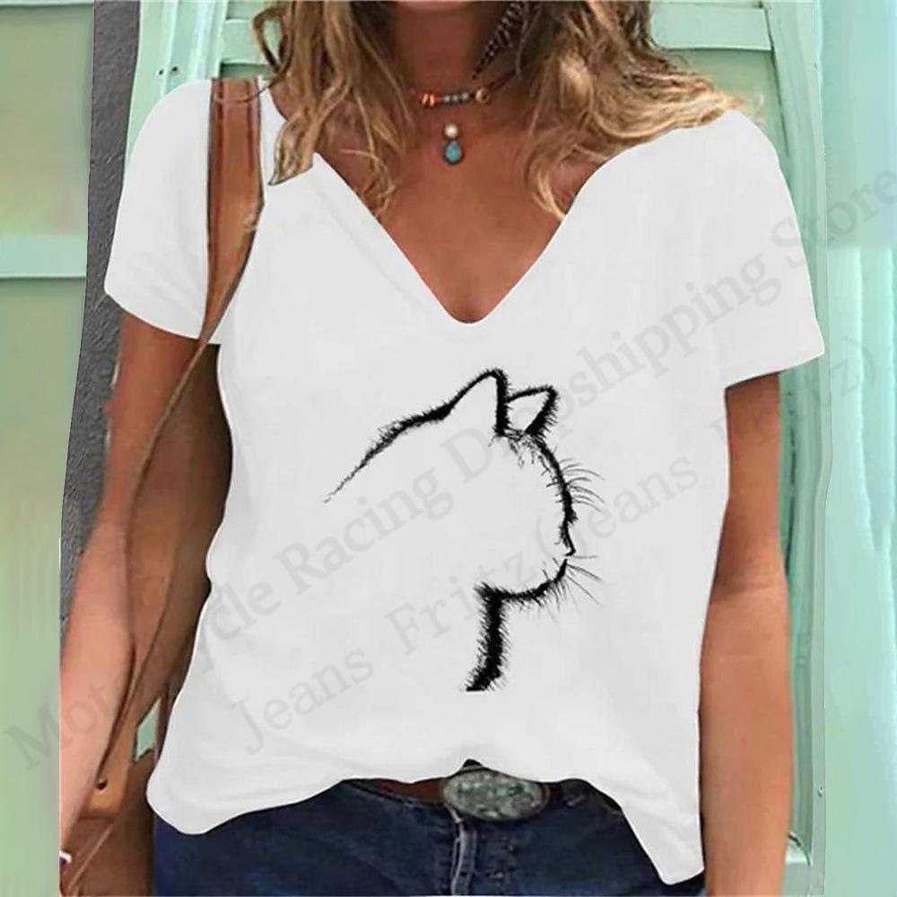Summer V-neck 3D Cat Pattern Printed Top Fashionable Casual Short Sleeved Women's T-shirts