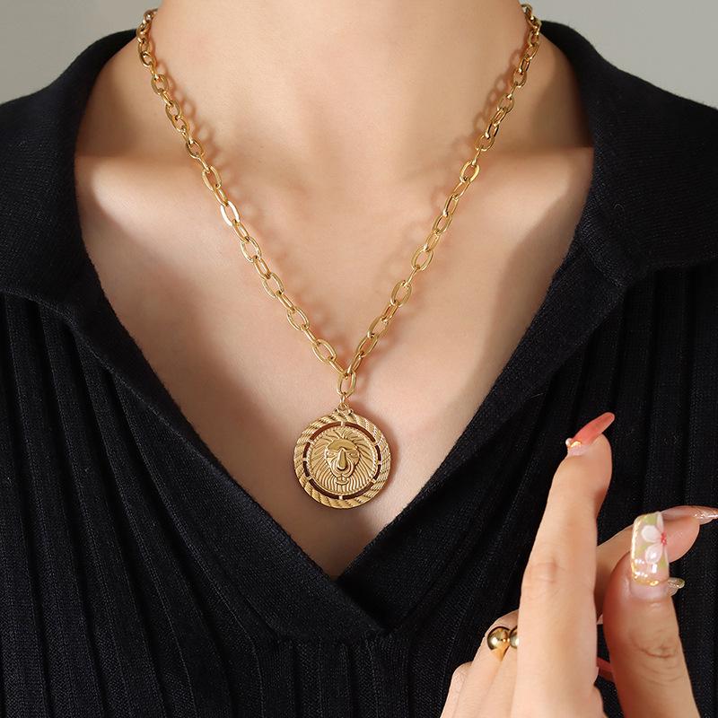 European & American Hip Hop Triple-Layer Necklace with Moon, Lion, and Round Pendants in 18K Gold-Plated Titanium Steel