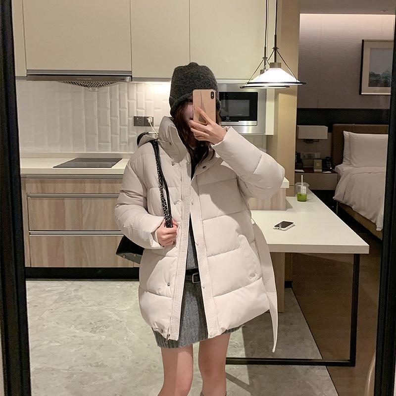 New Winter Hooded Versatile Fashionable Women's Cotton Jacket Belt Slimming and Fashionable Cotton Jacket Solid Color Jacket