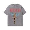 T-shirt Vintage Lavé Graphique Ange Nirvana, T-shirt Oversize en Coton Groupe de Rock Rétro, Hauts Streetwear