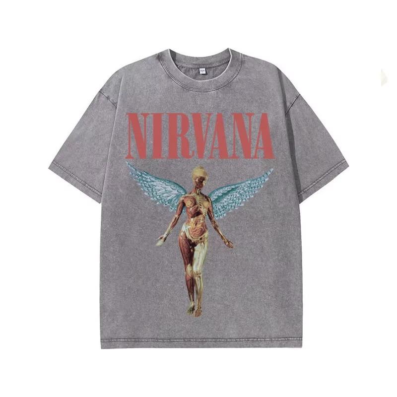 Nirvana Angel Graphic Vintage Washed T-Shirt, Retro Rock Band Oversized Cotton Tee, Streetwear Tops