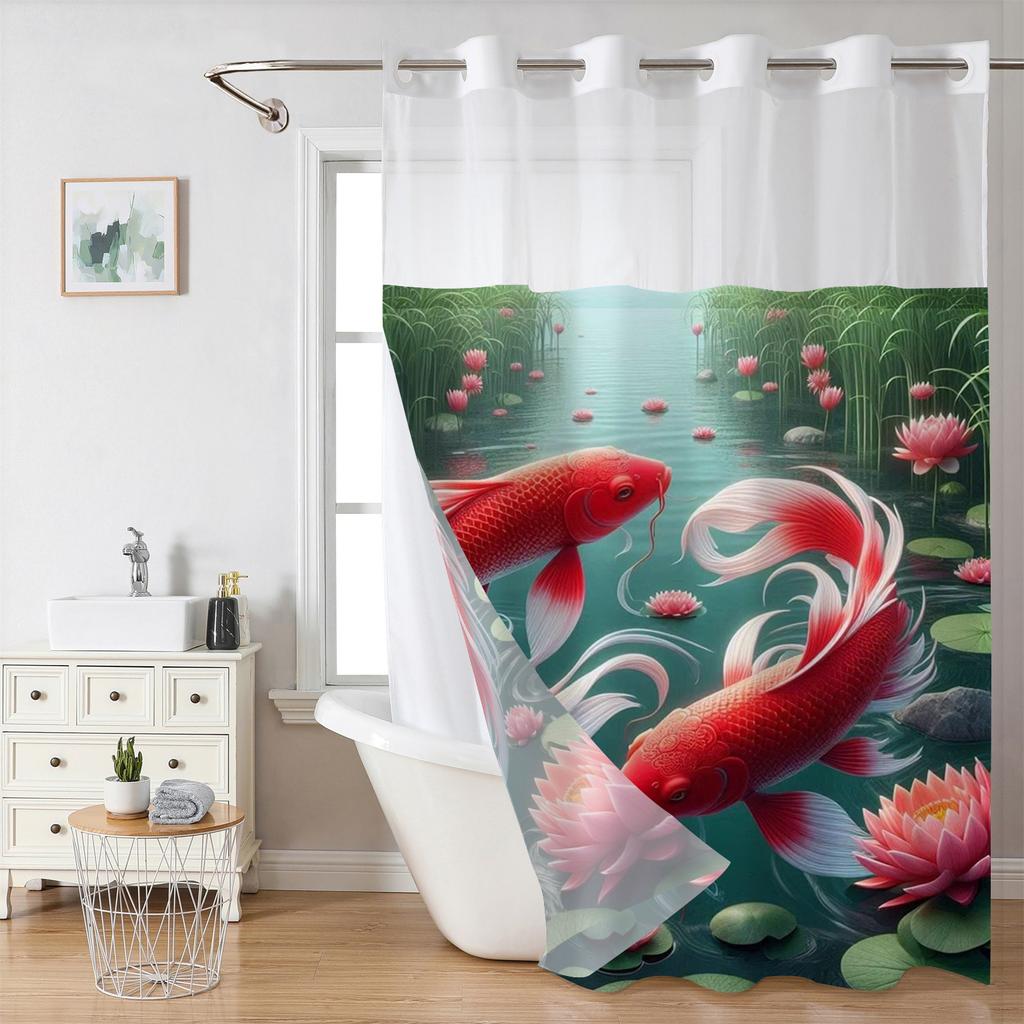 No Hook Lotus Fishes Pattern Shower Curtain With Snap-in Fabric Liner, Sheer Top Window, Waterproof Double Layer Bathtub Curtain