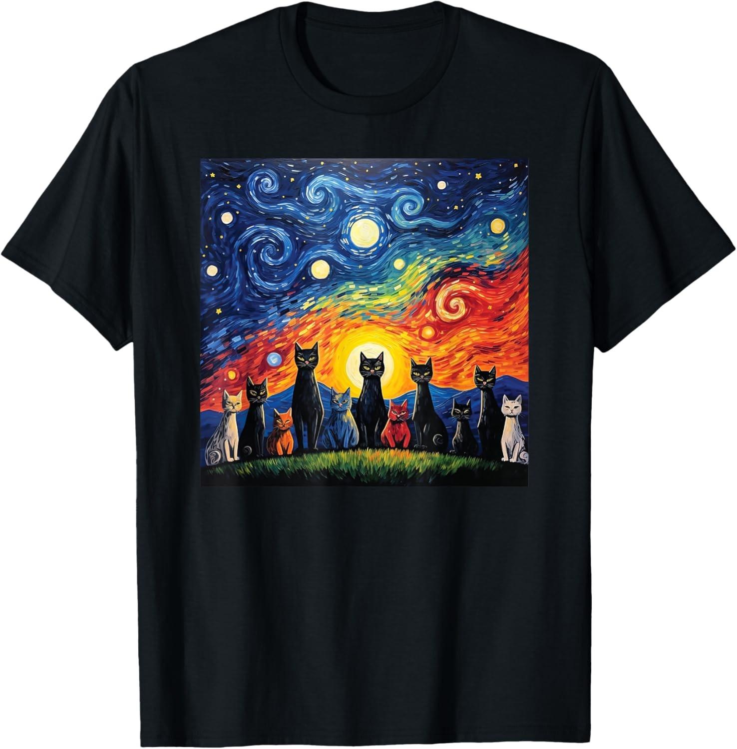 cats family Painting art Starry Night kitty kitten Van Gogh T-Shirt S разноцветный