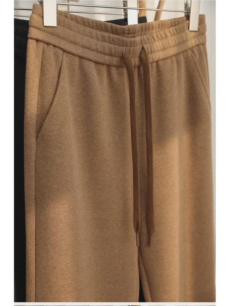 High-Waist Elastic Tweed Wool Pants - Autumn/Winter Women's Wide-Leg Straight Cut with Soft Drape