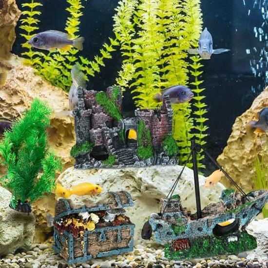 Reptile & Aquatic Decor Set: Resin Ship & Castle Ornaments with Simulated Plants