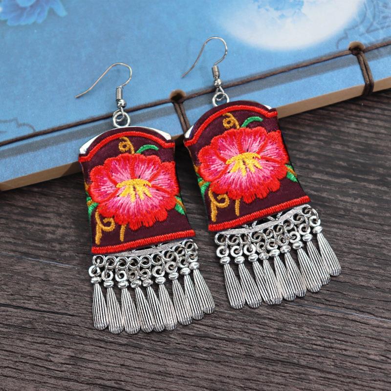 Retro hand-embroidered fabric earrings female long flower fringed versatile temperament performance earrings earrings