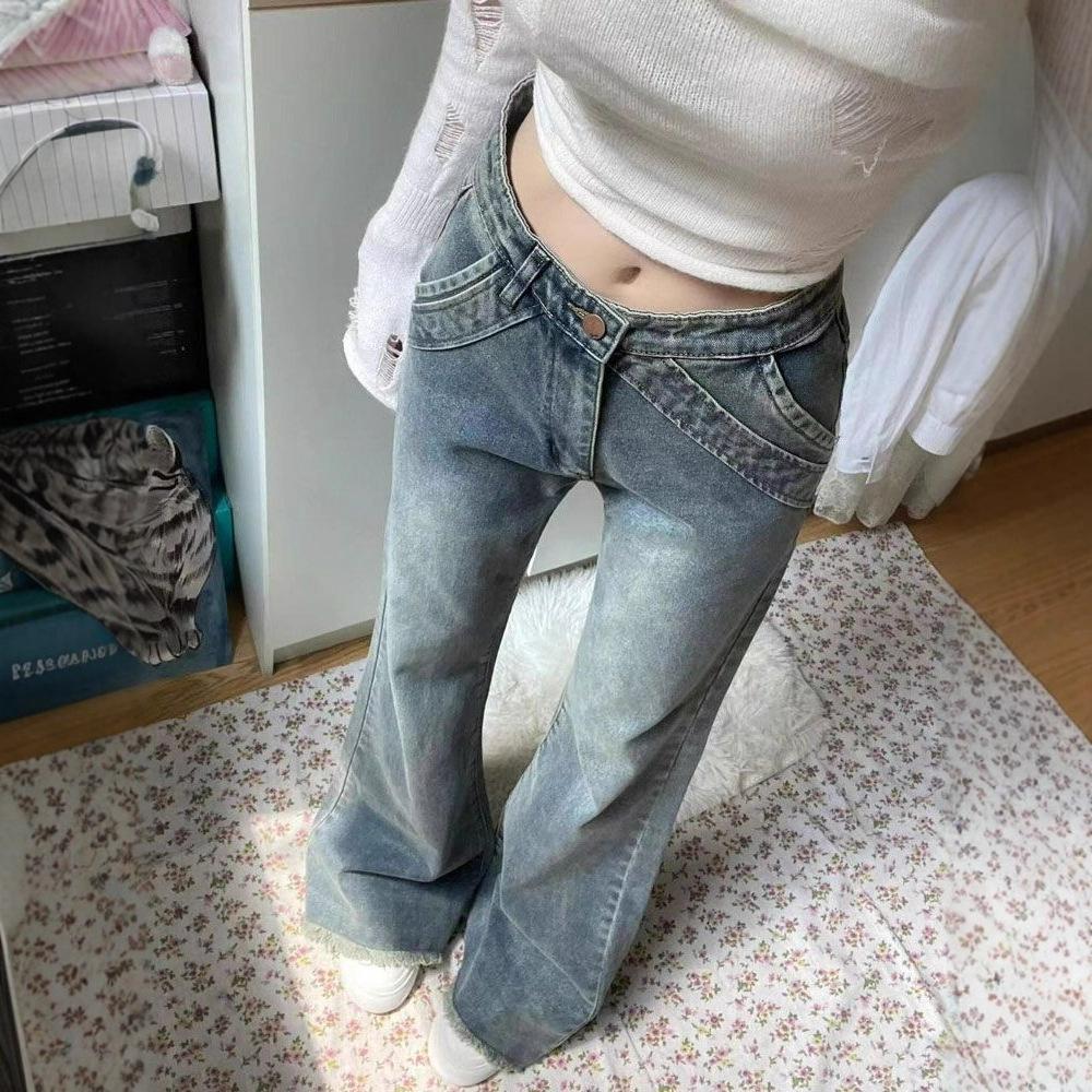 Vintage Raw Edge Micro Flare Jeans Women Summer Slim Covering Flesh Skinny Hundred Flare Pants Retro Street Style Baggy Long Jeans for Ladies