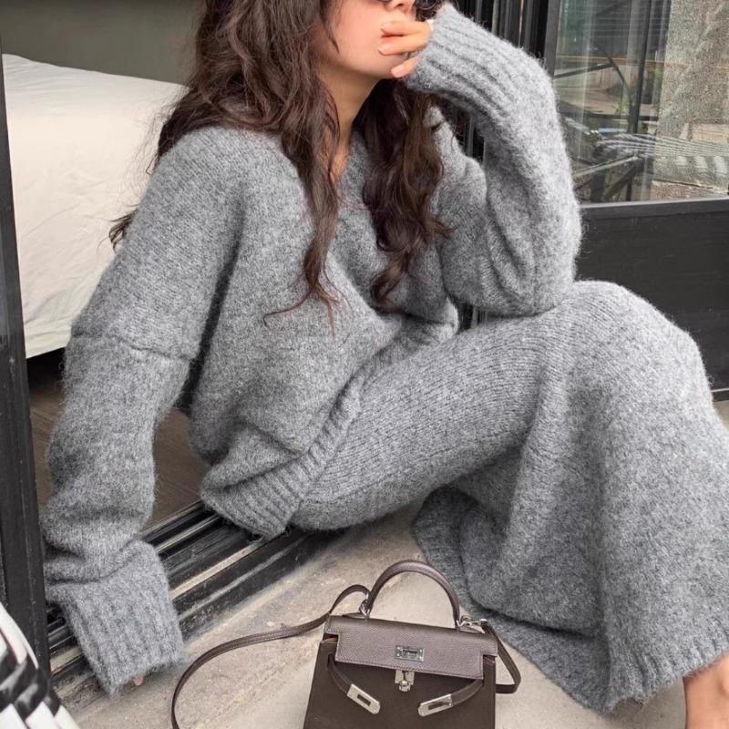 Autumn Winter V-neck Loose Pullover Sweater Set Knitted Elegant Skirts Women Casual Two-piece Set Fashion Outfit Simple Solid Color Office Clothing