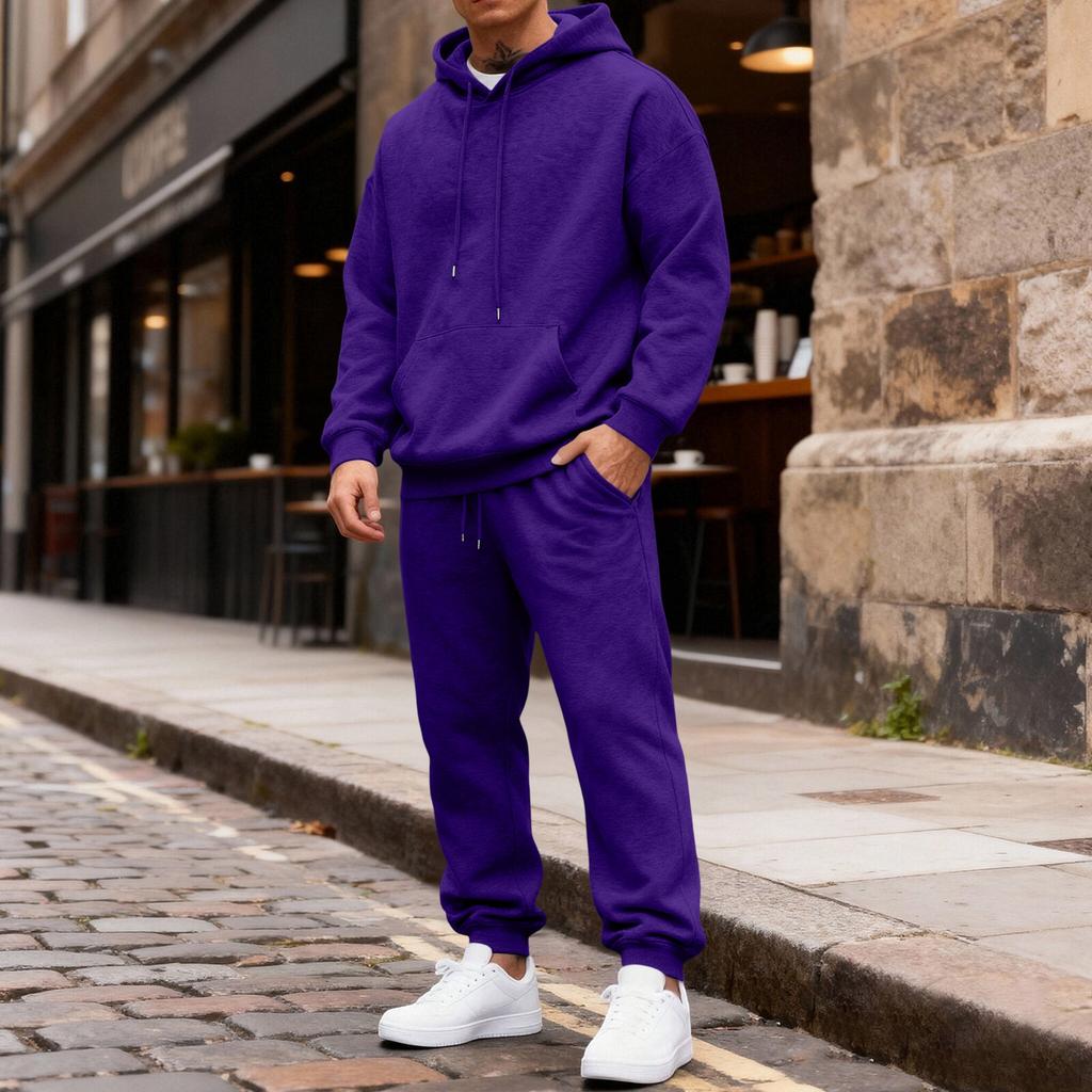 Men's Color Hoodie and Jogger Pants Set with Elastic Waist and Cuffed Ankles for Casual Wear