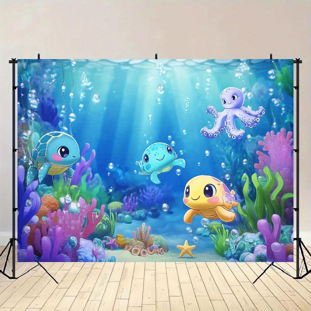 1pc Underwater Party Background Cloth - Vibrant marine-themed cartoon underwater world made of polyester material