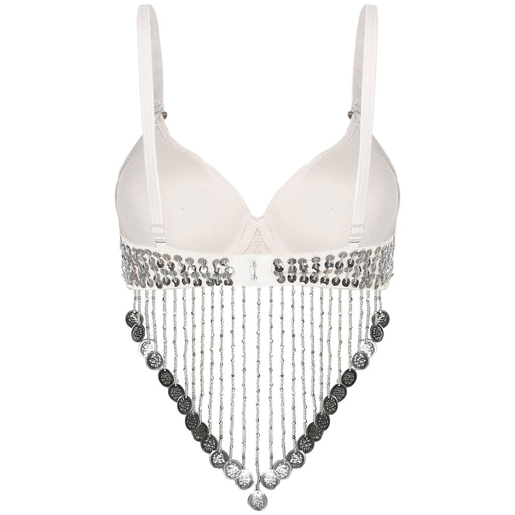 Dámský kostým na břišní tance Nastavitelné ramínka Lesklé flitry Plastové korálkové třásně Podprsenka s kosticemi