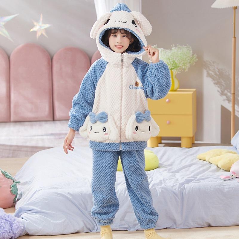 Kids Flannel Pajamas Set Boys Girls Warm Long Sleeve Top And Pants Sleepwear Winter Home Nightwear