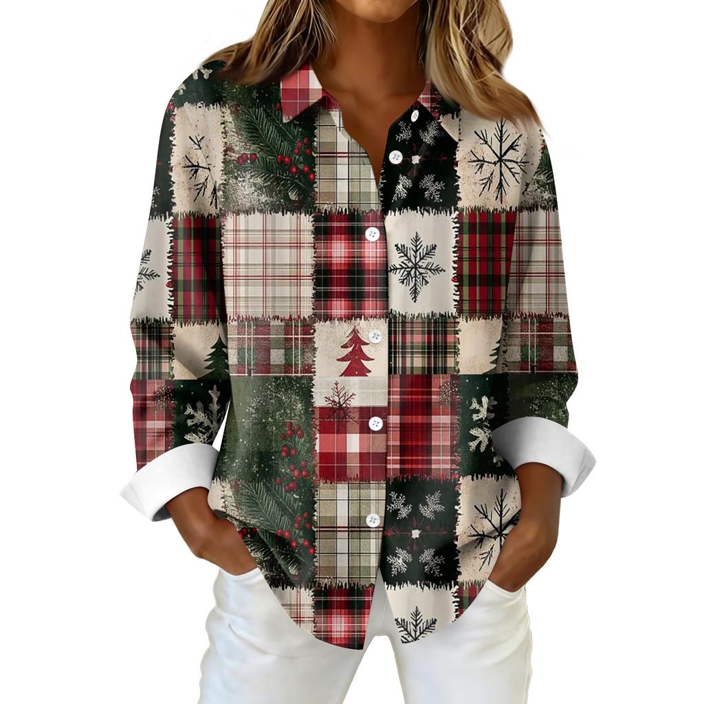 Women's Shirt Blouse Christmas Print Button Long Sleeve Casual Basic Shirt Collar Regular Top