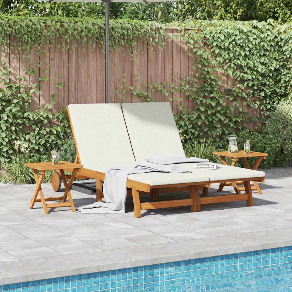 Cream White Sun Lounger with Cushions Solid Acacia Wood