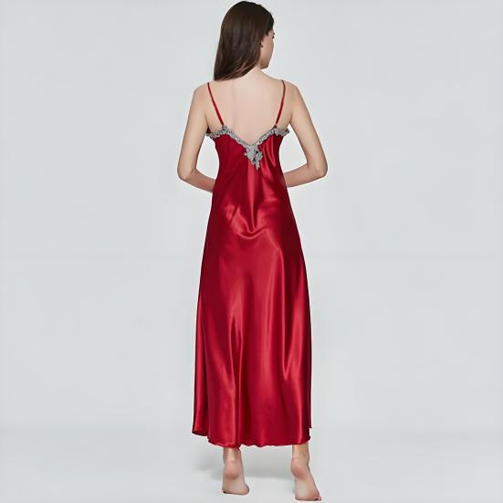 Women's Satin Lace Nightgown Spaghetti Strap Sleeveless Slip Dress Soft V Neck Maxi Sleepwear Silky Chemise Nightdress