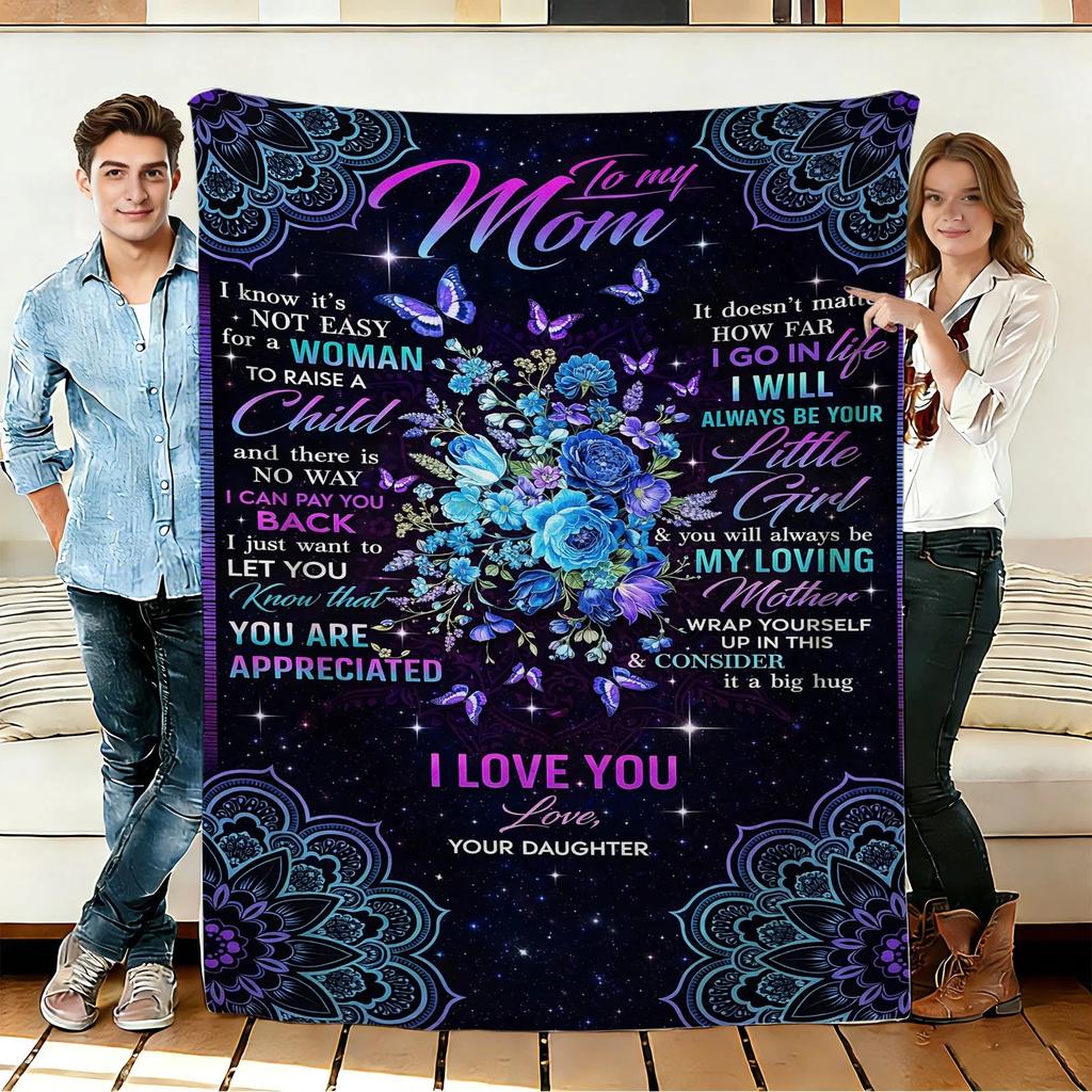 To My Mom Blanket from Daughter, Blue Flower Butterfly Design, Thank You Blanket