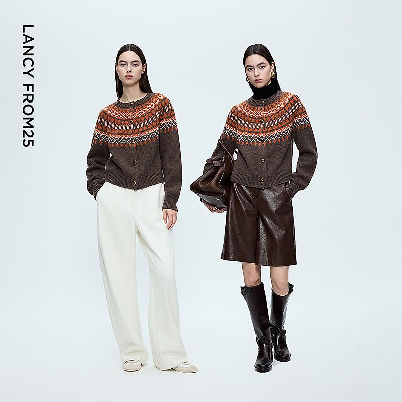 LANCY Wool Fair Isle Color Block Knit Cardigan