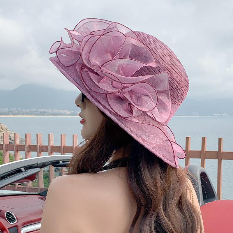 Summer New Women's Organza Flower Big Edge Beach Hat Outdoor Shading Sun Protection Travel Mesh Fisherman Hat
