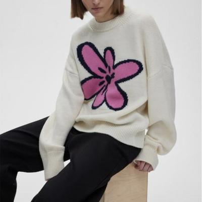 Women's Fall Winter Long Puff Sleeve Sweaters Casual Crewneck Ribbed Knit Flower Color Block Loose Pullover Tops Lightweight Sweater Jumper for Women