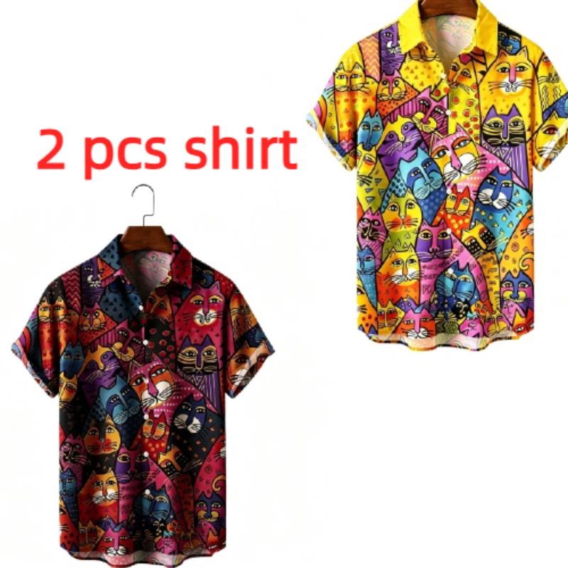 Summer Fashion Funny Colorful Cartoon Cat Printing Shirt Hawaiian Beach Vacation Clothing Men's Street Style Shirt Daily Men's and Women's Shirt