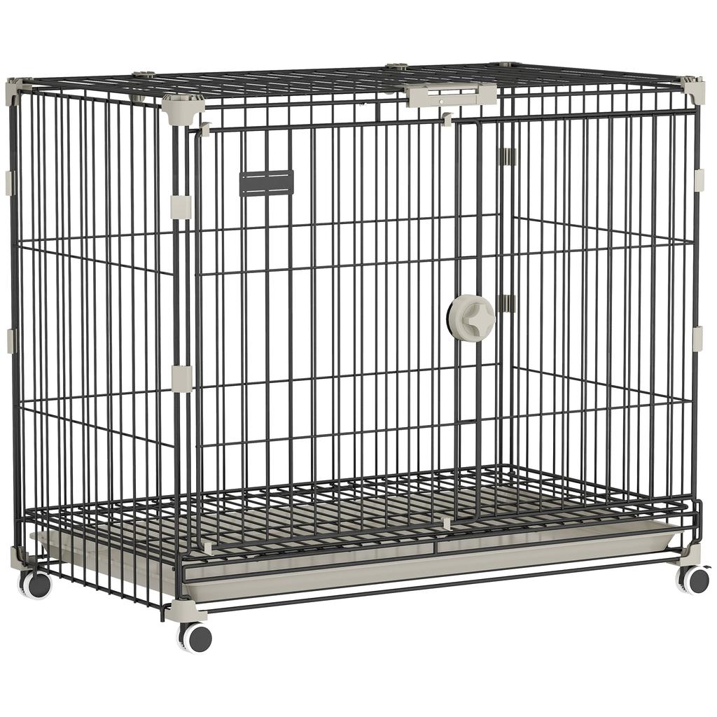 Dog Cage, Removable Tray, Wheels with Brakes, Lockable Opening Roof, 75.5x46x64.5cm, Black