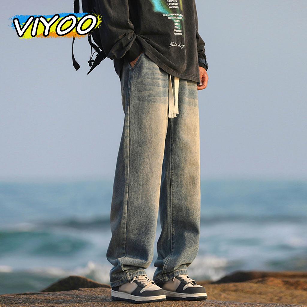 Men's Cotton Vintage cat whiskers Washing Denim Jeans Drawstring Baggy Wide leg Pants Streetwear Sweatpants Track Pants Trousers